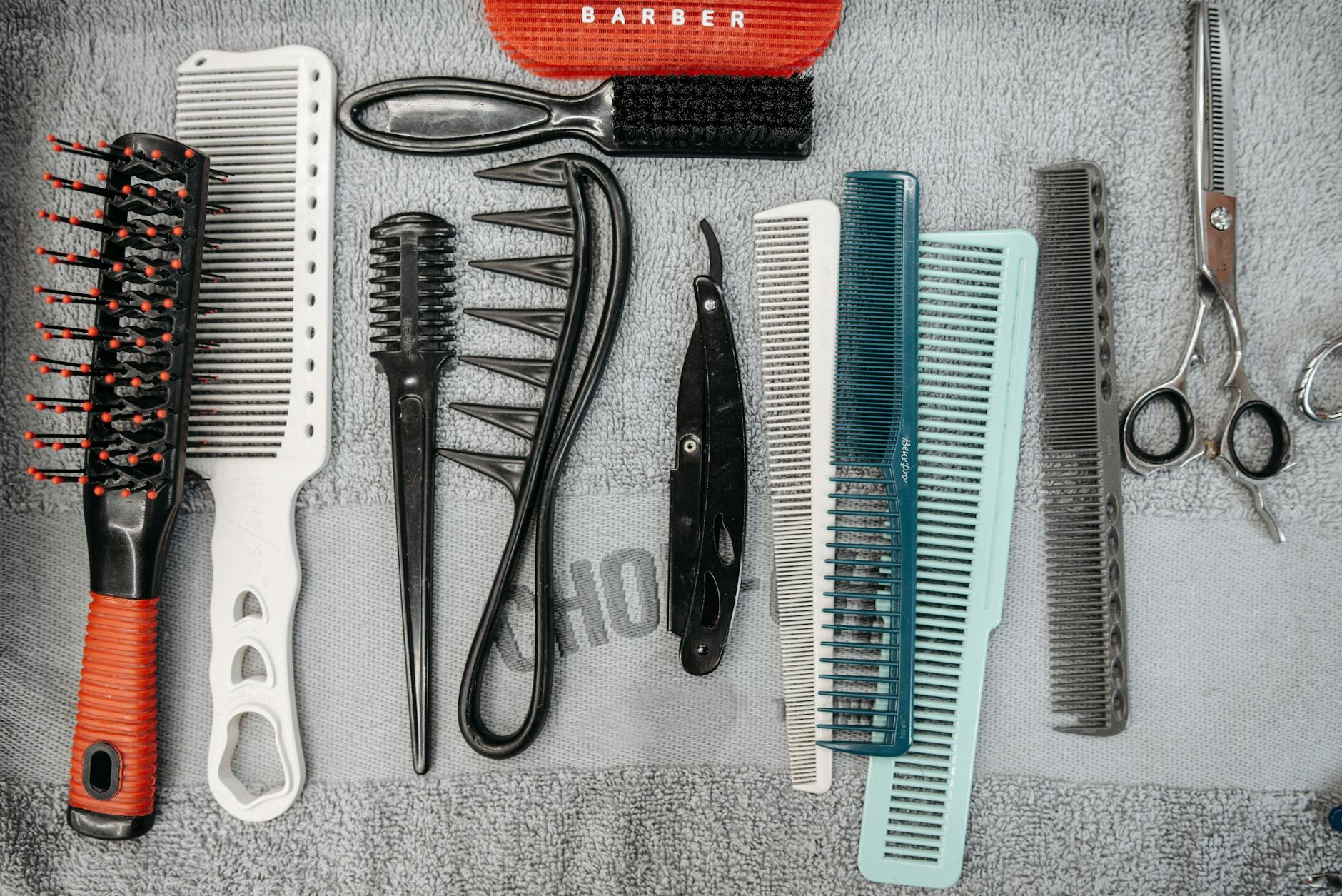 Classic barber tools including scissors, combs, and clippers